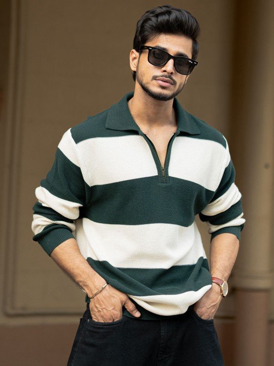 Powerlook Men Striped Polo Collar Cotton Relaxed Fit T-shirt – Green & Off-White