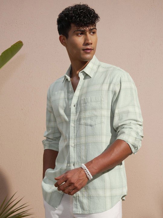 cyBBjMf0_7b1e08f4f8514cca9ef4d76afc9b44dd LOCOMOTIVE Men Sea Green & White Textured Checked Relaxed Fit Dobby Cotton Shirt