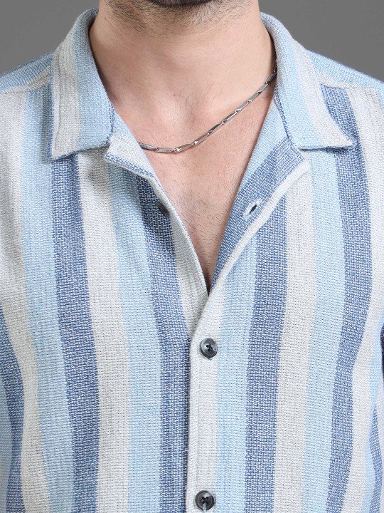 Moda Rapido Men Blue Slim Fit Striped Cotton Casual Shirt – Short Sleeves