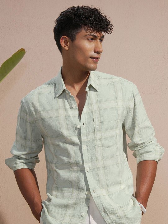 ecYfQHH0_ec3f9a86fd124fea95046b30a7b47fd5 LOCOMOTIVE Men Sea Green & White Textured Checked Relaxed Fit Dobby Cotton Shirt