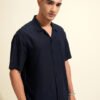 KETCH Men Navy Blue Solid Casual Shirt – Cuban Collar, Short Sleeves