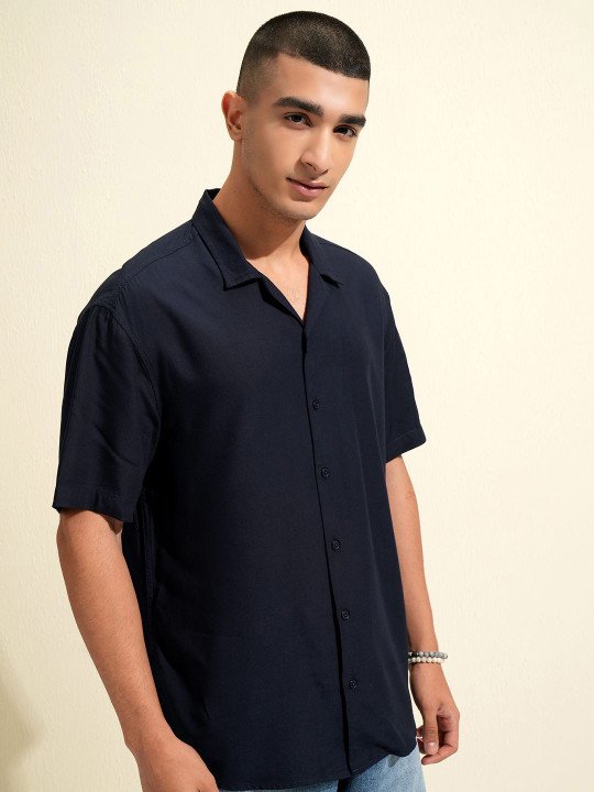 KETCH Men Navy Blue Solid Casual Shirt – Cuban Collar, Short Sleeves