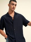 KETCH Men Navy Blue Solid Casual Shirt – Cuban Collar, Short Sleeves