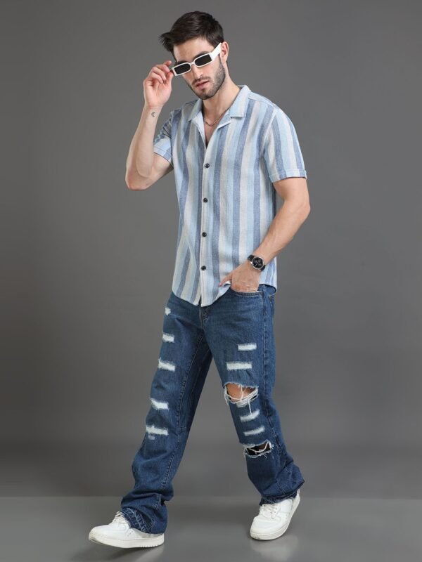 Moda Rapido Men Blue Slim Fit Striped Cotton Casual Shirt – Short Sleeves