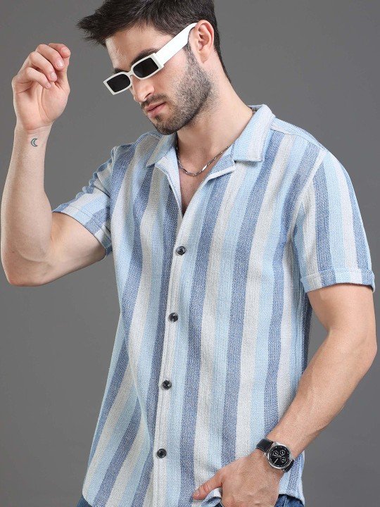 Moda Rapido Men Blue Slim Fit Striped Cotton Casual Shirt – Short Sleeves