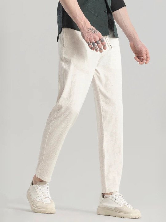 Snitch Men Classic Regular Fit Mid-Rise Linen Blend Trousers