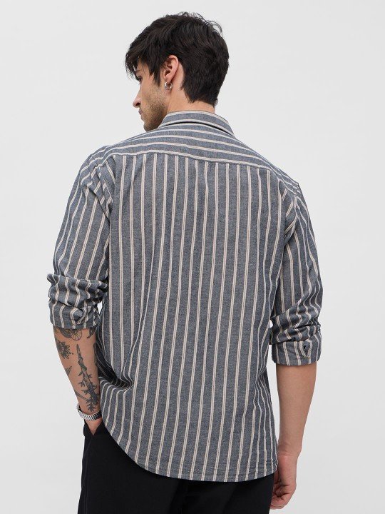 The Souled Store Men Spread Collar Vertical Striped Cotton Casual Shirt – Grey & White