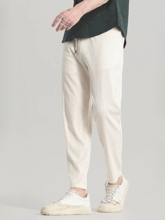 Snitch Men Classic Regular Fit Mid-Rise Linen Blend Trousers