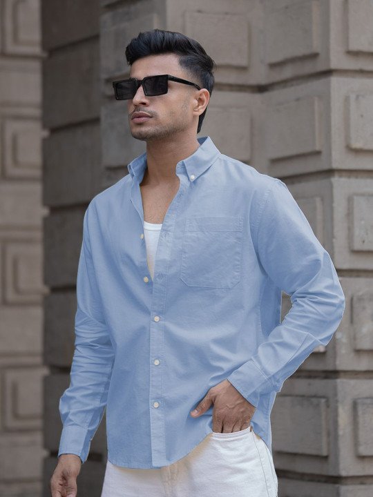 Powerlook Men Blue Solid Cotton Casual Shirt – Spread Collar, Long Sleeves