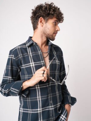 VASTRADO Men Slim Fit Tartan Checked Cotton Casual Shirt – Navy Blue, White & Grey