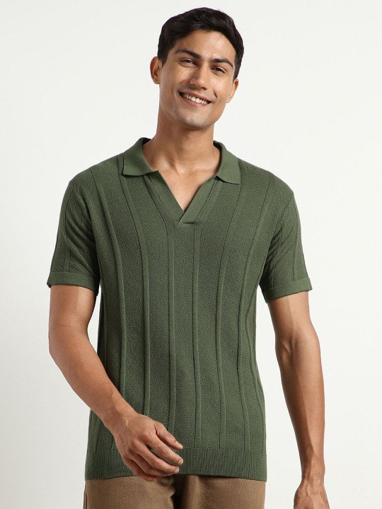 NOBERO Men Regular Fit Polo Collar Textured Cotton T-shirt