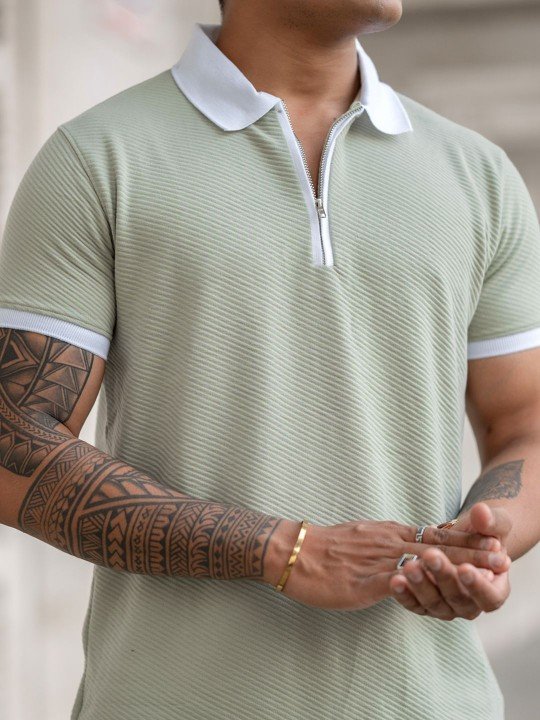 Powerlook Men Polo Collar Solid Green Zip Polo T-shirt – Regular Fit